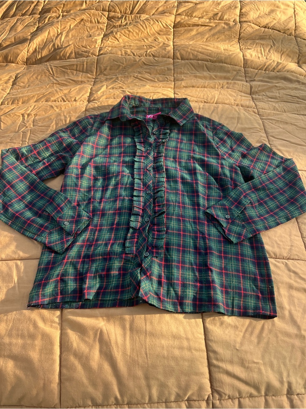 Vintage Y2K Button Down Ruffle Front Green/Red/Navy Plaid Blouse Size M Holiday